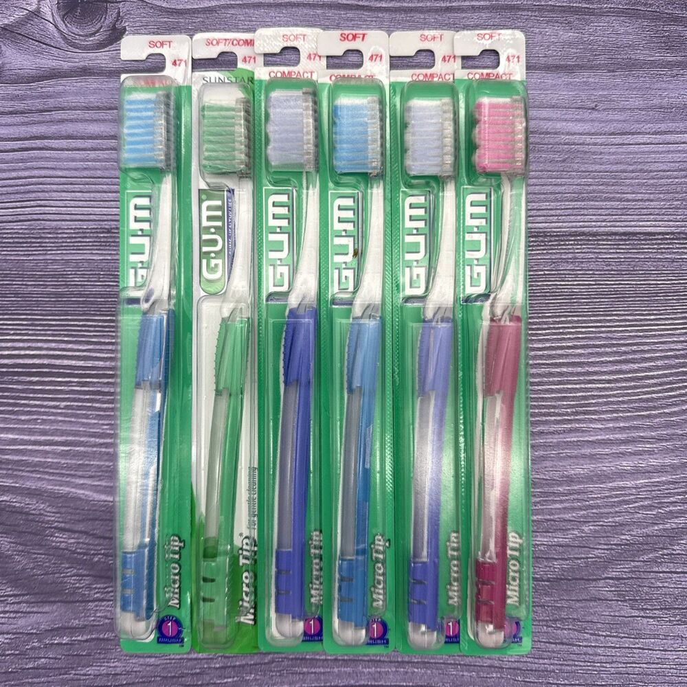 6 LOT GUM Sunstar #471 Micro Tip Compact Soft Head Toothbrush Vintage Made USA